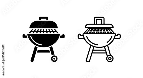 Open kettle bbq grill icon set for summer barbecue and outdoor cooking