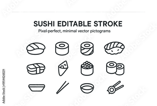 Minimalist sushi icons set with editable stroke for japanese cuisine designs