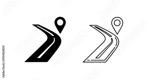 Winding road with location pin icon set for navigation and travel route