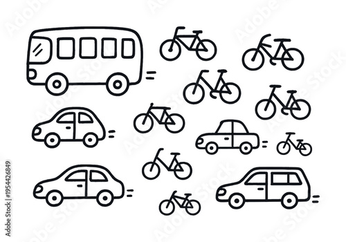Simple line art of cars and bicycles: visual comparison of transportation modes