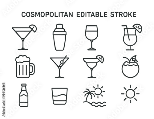 Minimalist line art icons of various cocktails and drinks with editable stroke
