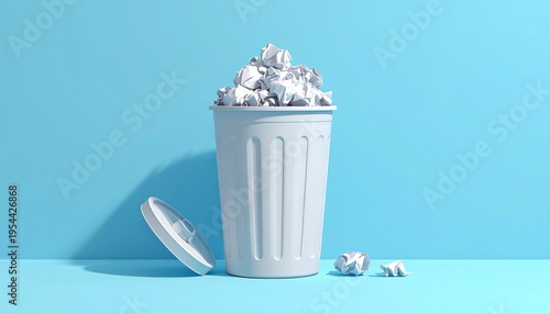 A white trash can filled with crumpled paper on a blue surface