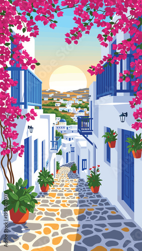 Foto A vibrant view of a traditional greek village framed by bougainvillea blossoms v