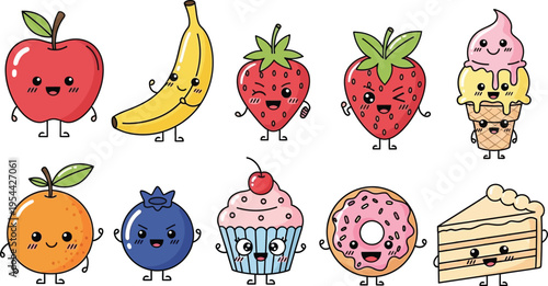 Adorable collection of cartoon fruits and desserts with happy faces and cute details perfect for children's designs and playful themes.