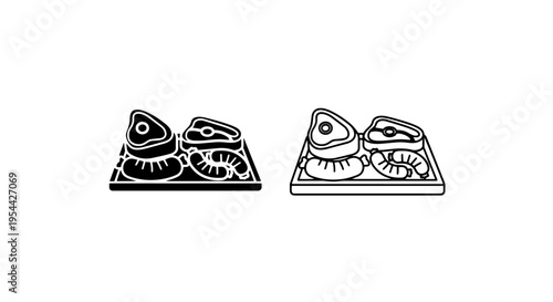 Assorted raw meat tray with steaks and sausages outline and solid icon
