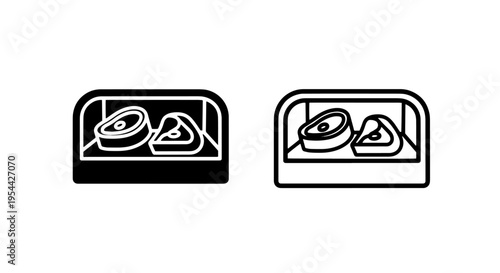 Commercial meat counter display case with steaks outline and solid icon