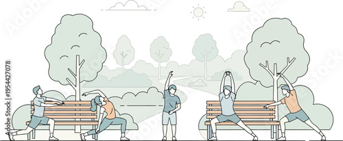 Group of diverse individuals performing various stretching and warm-up exercises outdoors in a serene park setting