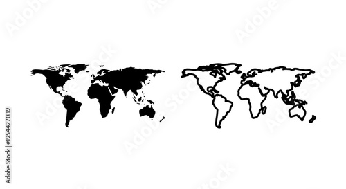 Simple world map silhouette outline and solid minimalist geography icon set