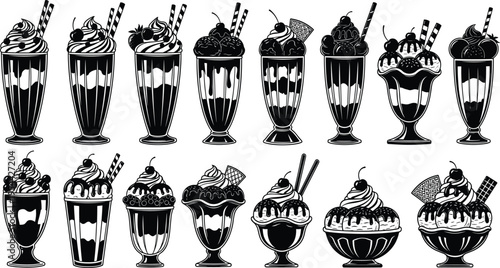 Ice cream sundaes silhouette, milkshake dessert vector, whipped cream artwork, cherry garnish design, sweet beverage illustration collection, flavector