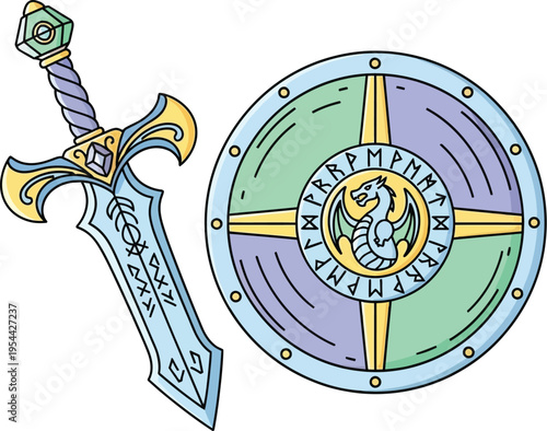 Colorful cartoon illustration depicting a magical sword and shield adorned with a mythical dragon and ancient runes for fantasy adventure.