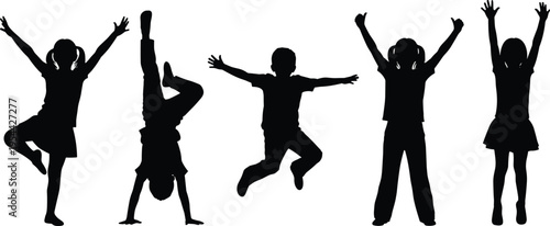 Black silhouette vector illustration set featuring active happy children jumping playing and dancing with arms raised for childhood joy and youth community branding design,t