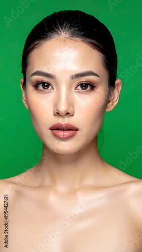 A woman with a smooth complexion and subtle makeup against a green background
