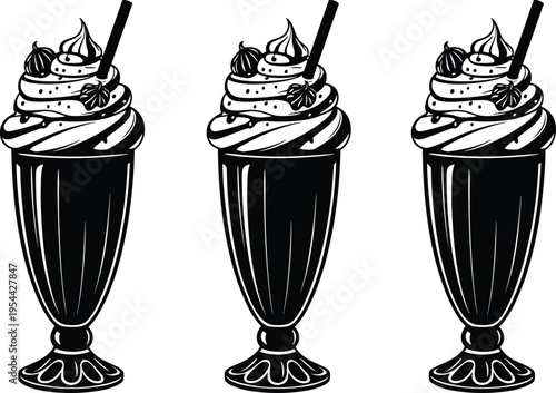 Milkshake silhouette illustration, retro diner vector, whipped cream artwork, cherry garnish design, dessert beverage glass vintage style, flavector