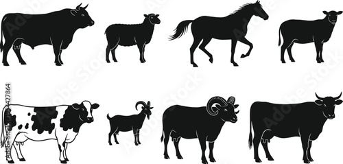 Black silhouette vector illustration set featuring farm animals including cows bulls sheep goats and horses for livestock agriculture rural countryside and organic ranching branding design