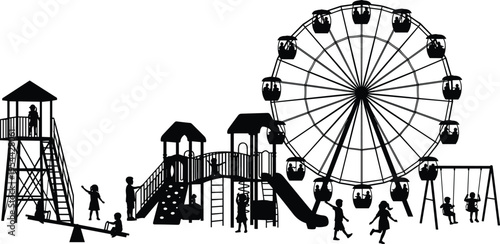 Playground amusement park silhouette, children playing vector, Ferris wheel illustration, recreational activity artwork, fun outdoor entertainment design, flavector