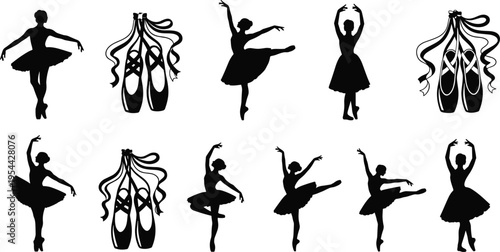 Black silhouette vector illustration set featuring graceful ballerina dancers in various poses and ballet pointe shoes with ribbons for dance studio design,