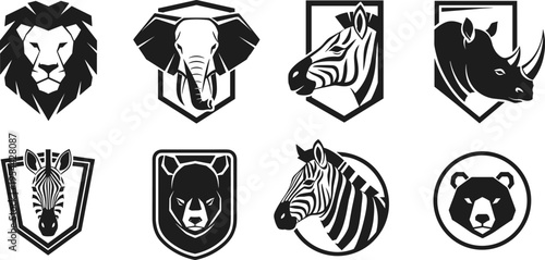 Wild animal head logo icon set featuring lion elephant zebra rhinoceros and bear in minimalist black and white style.Wild animal head logo icon set featuring lion elephant zebra rhinoceros and bear in