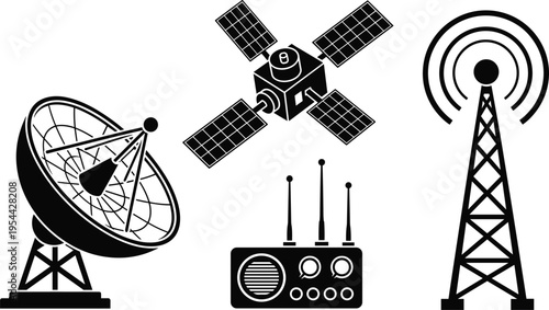 Satellite dish, communication tower, radio transmitter, wireless technology, signal waves, space satellite, antenna system, telecommunication icon set, flavector