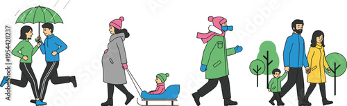 Seasonal outdoor activity illustration, family walking running, rain umbrella jogging, winter sledding, park stroll, lifestyle vector design, healthy bonding, flavector
