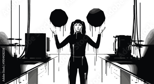 Woman balancing heavy weights in modern laboratory workspace, scientific pressure concept, monochrome illustration of research stressWoman balancing heavy weights in modern laboratory workspace, scien