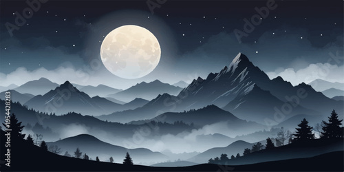 Mountain landscape under a glowing full moon with clouds in a dark starry night sky over mountains and forest at the horizon