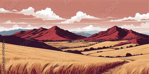 Morning Mountain Landscape with Desert Hills Under Golden Sky and Clouds