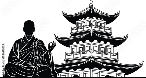 Black silhouette monk meditating beside pagoda white meditation