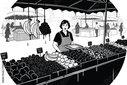 Woman vendor selling fresh organic fruits at a busy outdoor farmers market in black and white stylized vector.Woman vendor selling fresh organic fruits at a busy outdoor farmers market in black and wh
