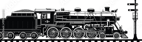 Steam locomotive silhouette illustration, railway signal post, coal tender design, historical train vector, mechanical engineering art, rail transport heritage, flavector