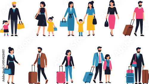 Traveler silhouette illustration set, families with luggage, business solo travelers, airport transit vector, shopping bags design, travel lifestyle art, flavector