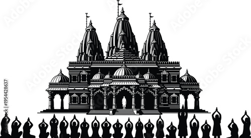 Black silhouette of Hindu temple with people doing yoga white background temple architecture