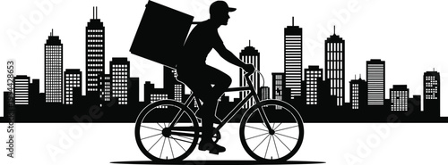 Black silhouette of delivery man riding bicycle with large box in front of city skyline