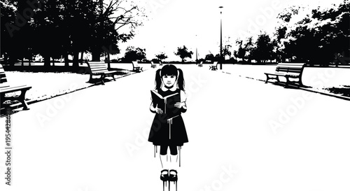 Young girl reading a book while standing on a wide pathway in a public park black and white vector.Young girl reading a book while standing on a wide pathway in a public park black and white vector.