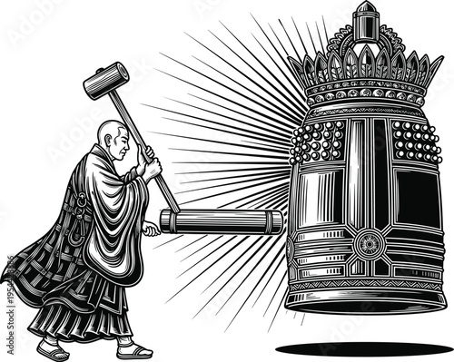 Monk hitting large ornate bell with mallet black and white line crown