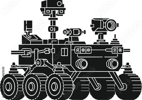 Mars rover robotic vehicle detailed illustration isolated on white background, space exploration technology, planetary research mission, futuristic science equipment, advanced engineering concept