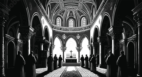 Monochromatic church interior with silhouetted figures and ornate architecture black and white silhouettes