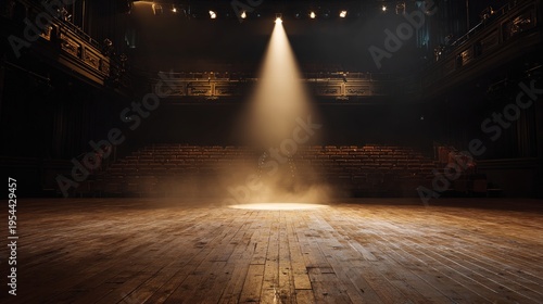 backstage. Empty theater stage with a solitary golden spotlight, creating a dramatic and mysterious ambiance. event programs.
