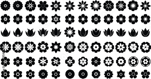 Black silhouette vector illustration set featuring various floral icons daisy shapes and flower patterns for spring nature wedding invitations and feminine branding design projects