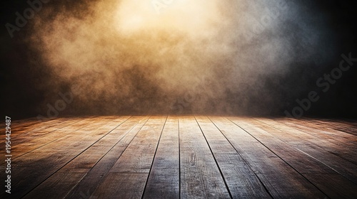 backstage. Empty theater stage with a solitary golden spotlight, creating a dramatic and mysterious ambiance. event programs.