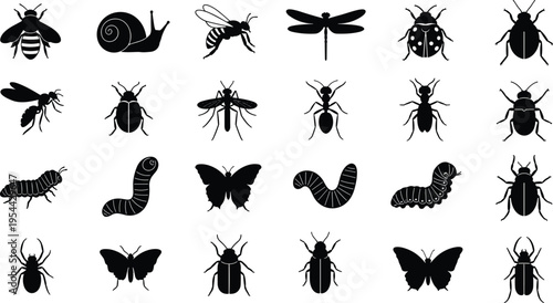 Black silhouette vector illustration set featuring various insects including bees butterflies ants beetles and spiders for nature education pest control and wildlife branding design