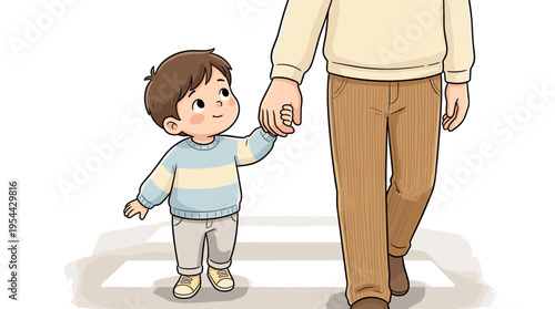 Child holding parents hand crossing street