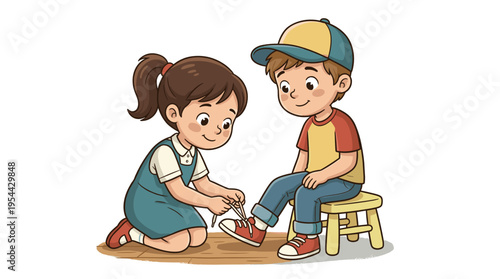 Girl helping boy with shoelace