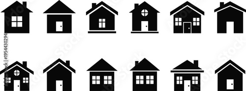 Black silhouette vector illustration set featuring various residential house icons for real estate property listing home construction mortgage lending and neighborhood architecture branding design