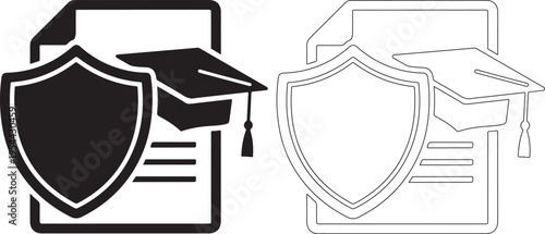 Secure educational certificate, graduation cap, and shield vector graphic.