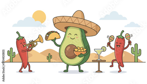Avocado character wearing sombrero holds taco and chips in desert scene
