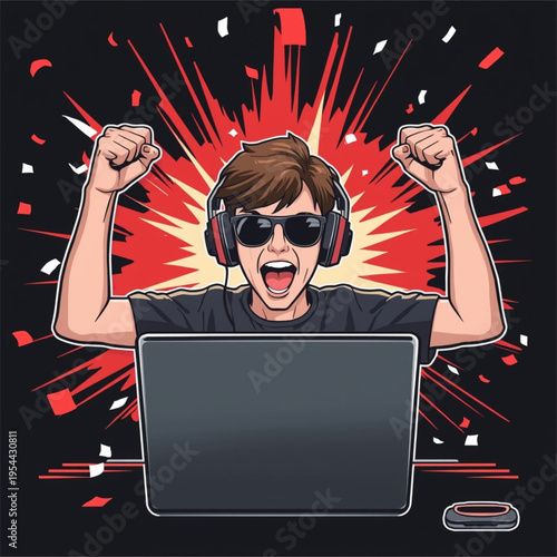 A man celebrates a victory while gaming on his laptop