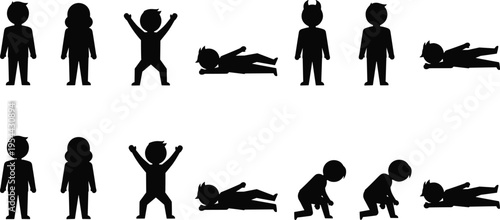 Black silhouette vector illustration set featuring young infants in various developmental stages like standing jumping and crawling for early childhood education and family branding