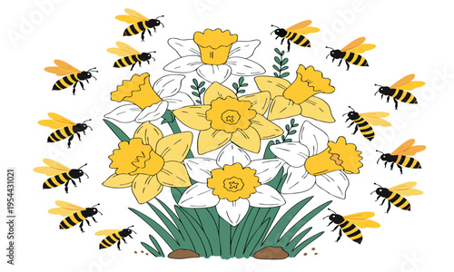 A whimsical illustration depicts a vibrant cluster of daffodils surrounded by numerous busy honeybees in a delightful springtime scene high quality professional detailed modern elegant stylish