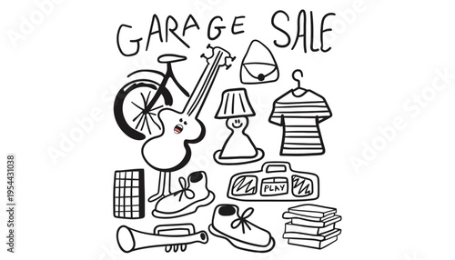 Garage sale illustration with various items for second-hand shopping