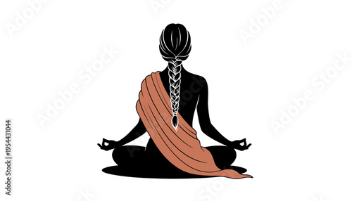 A woman in yoga pose with a serene expression and orange shawl